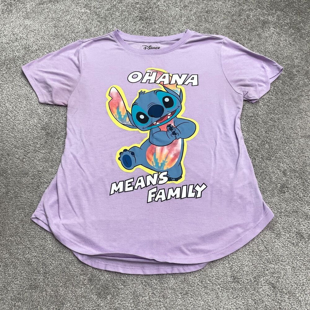 Disney Stitch Ohana Means Family Graphic T-Shirt Juniors Large Purple Casual Tee